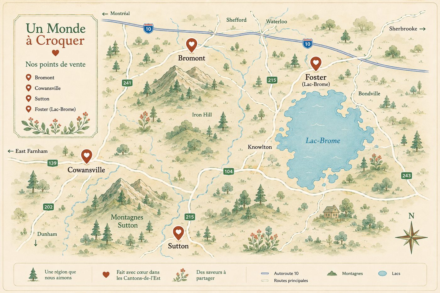 Carte des points de vente Un Monde à croquer en Estrie : Bromont, Cowansville, Sutton, Foster (Lac-Brome)